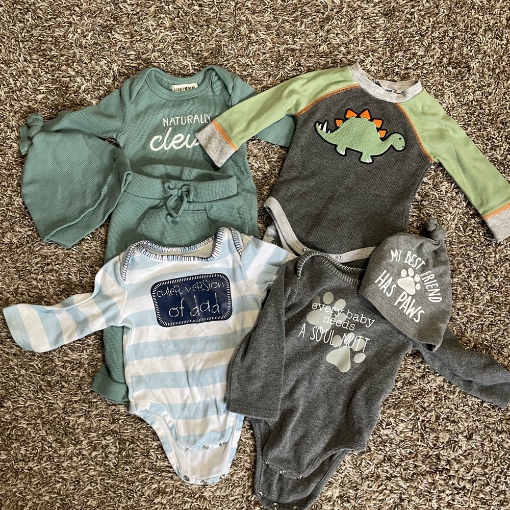 Lot of baby boy outfits! Onesies, hats, 0-3, 3-6 months!